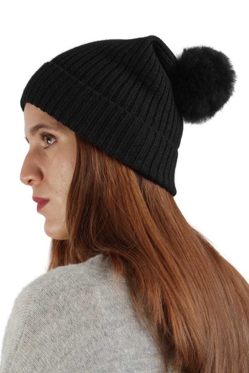 Alpaca Black Fur Pom Pom Hat