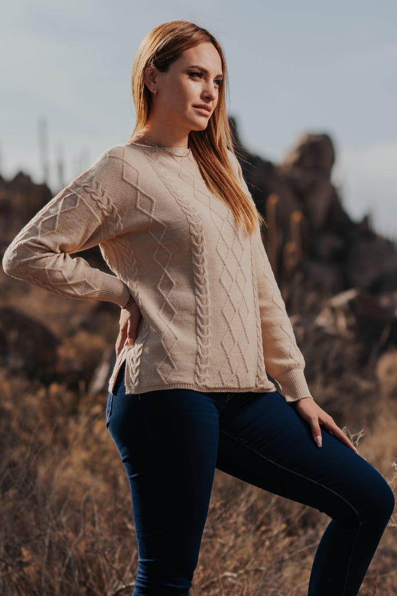 Mt. Caesar Alpacas 100% Pure Royal Alpaca Cabled Sweater In Creamy Beige