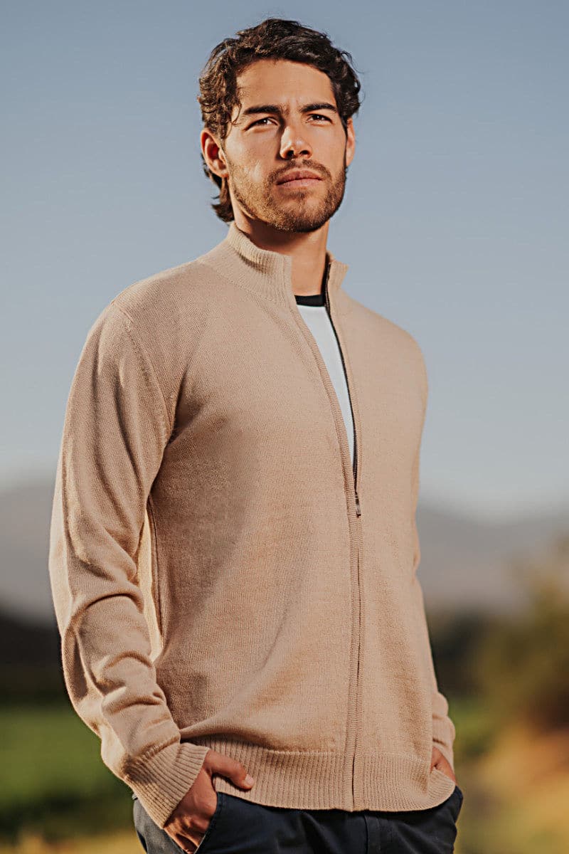 Men's Baby Alpaca Zip Cardigan In Beige