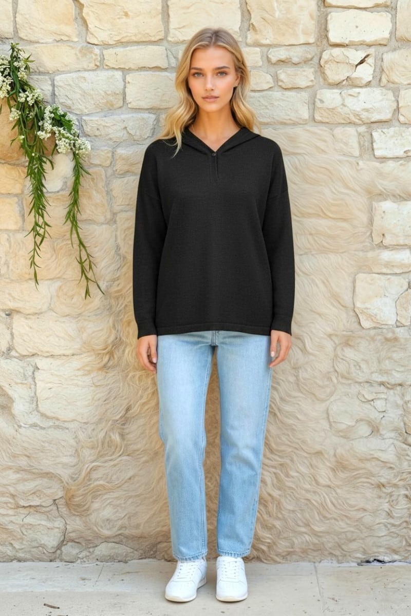 Women's Hi-Lo Hooded Pullover in Black, Made of 100% Pure Baby Alpaca