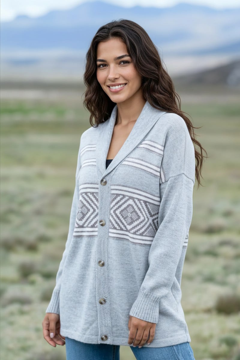 100% pure baby alpaca cardigan in Aztec design in all natural colors of grey, fawn and cream. Composed only of pure baby alpaca fiber with no blends and no synthetics.