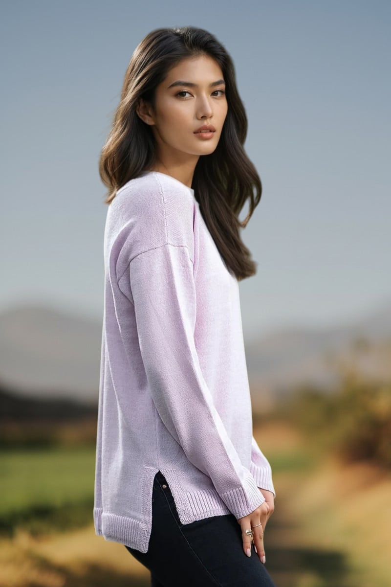 100% Pure Baby Alpaca V Neck Contemporary Pullover in Orchid Ice