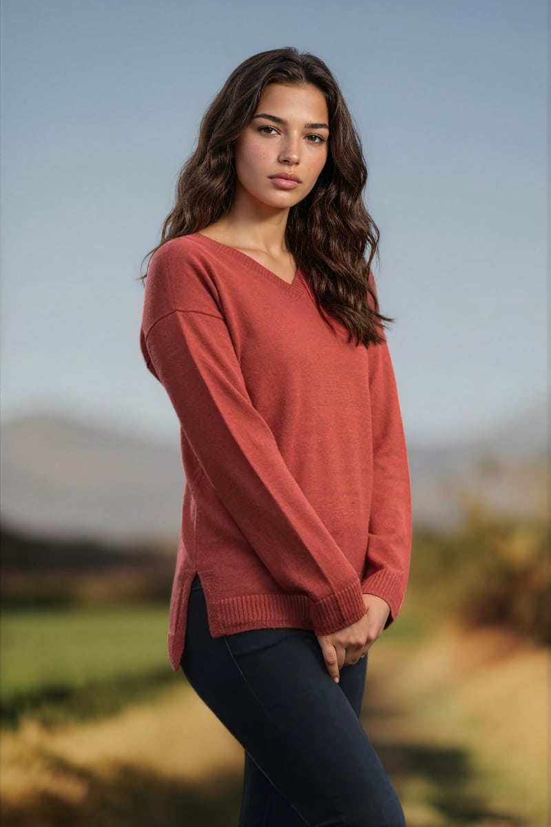 100% Pure Baby Alpaca Women's V-Neck in Tandoori Spice