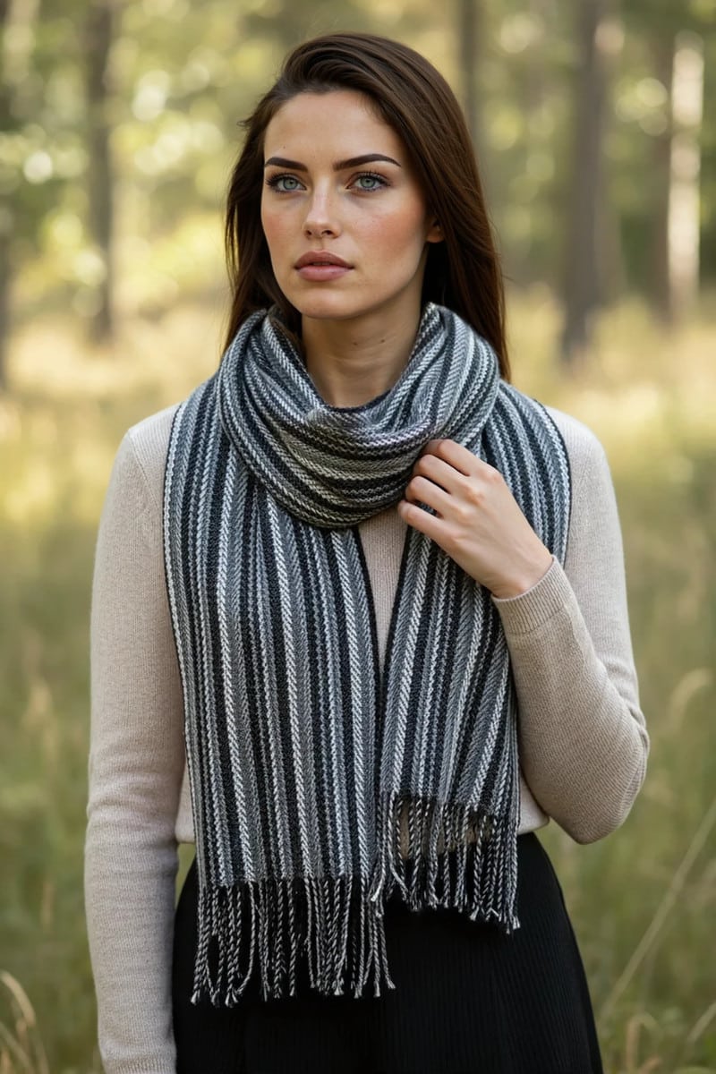 Hand‑Woven Baby Alpaca Scarf — Shades of Grey, Black & Cream - Image 2